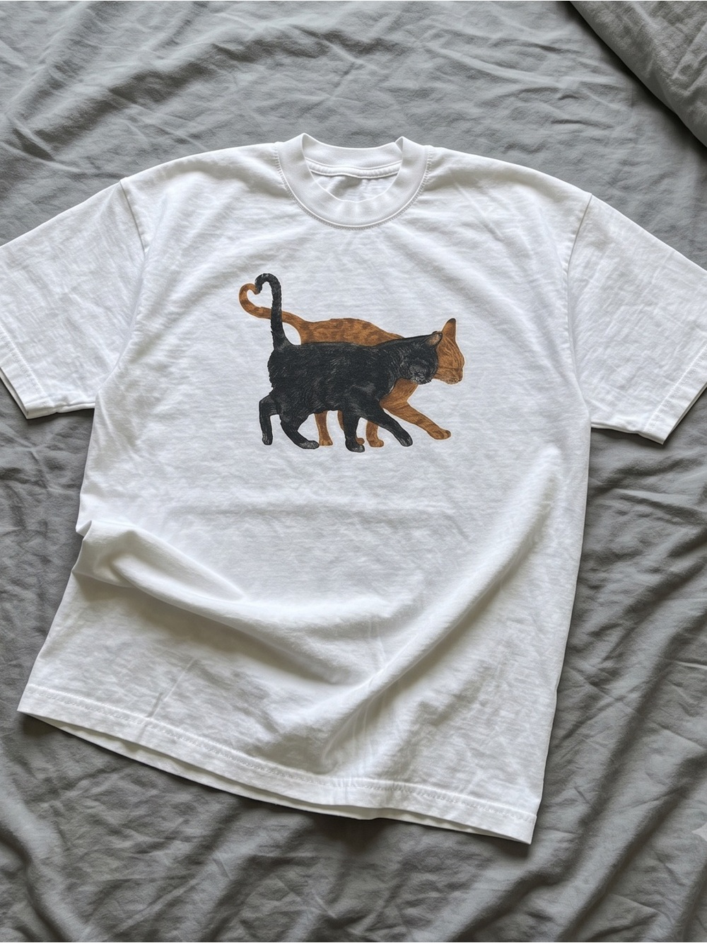 Gildan White Tee with Black and Brown Cat Graphic